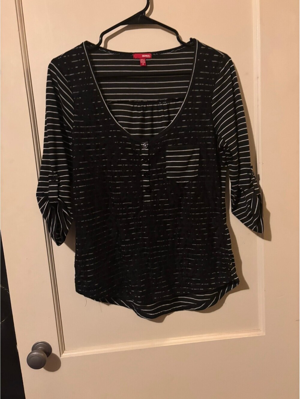 Black and white striped 3 quarter sleeve top with chest pocket Medium